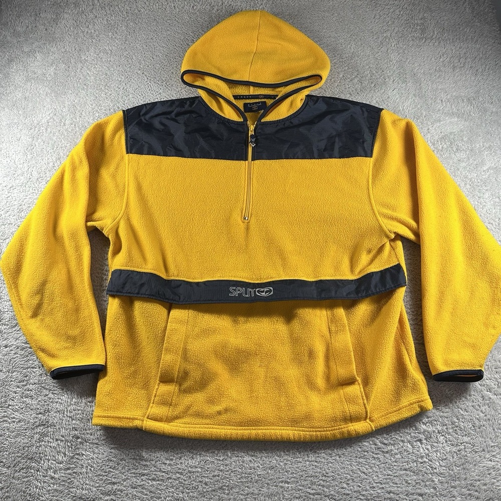 VINTAGE Split Fleece Hoodie Mens XL Yellow 1/4‎ Zip Pockets Skater Grunge Skate
